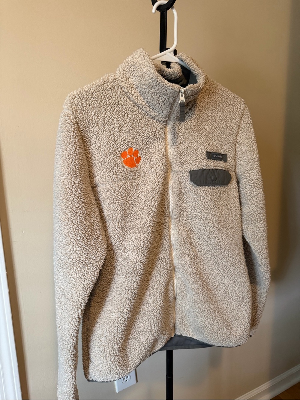Columbia Cream Sherpa Fleece Jacket with Orange Paw Patch